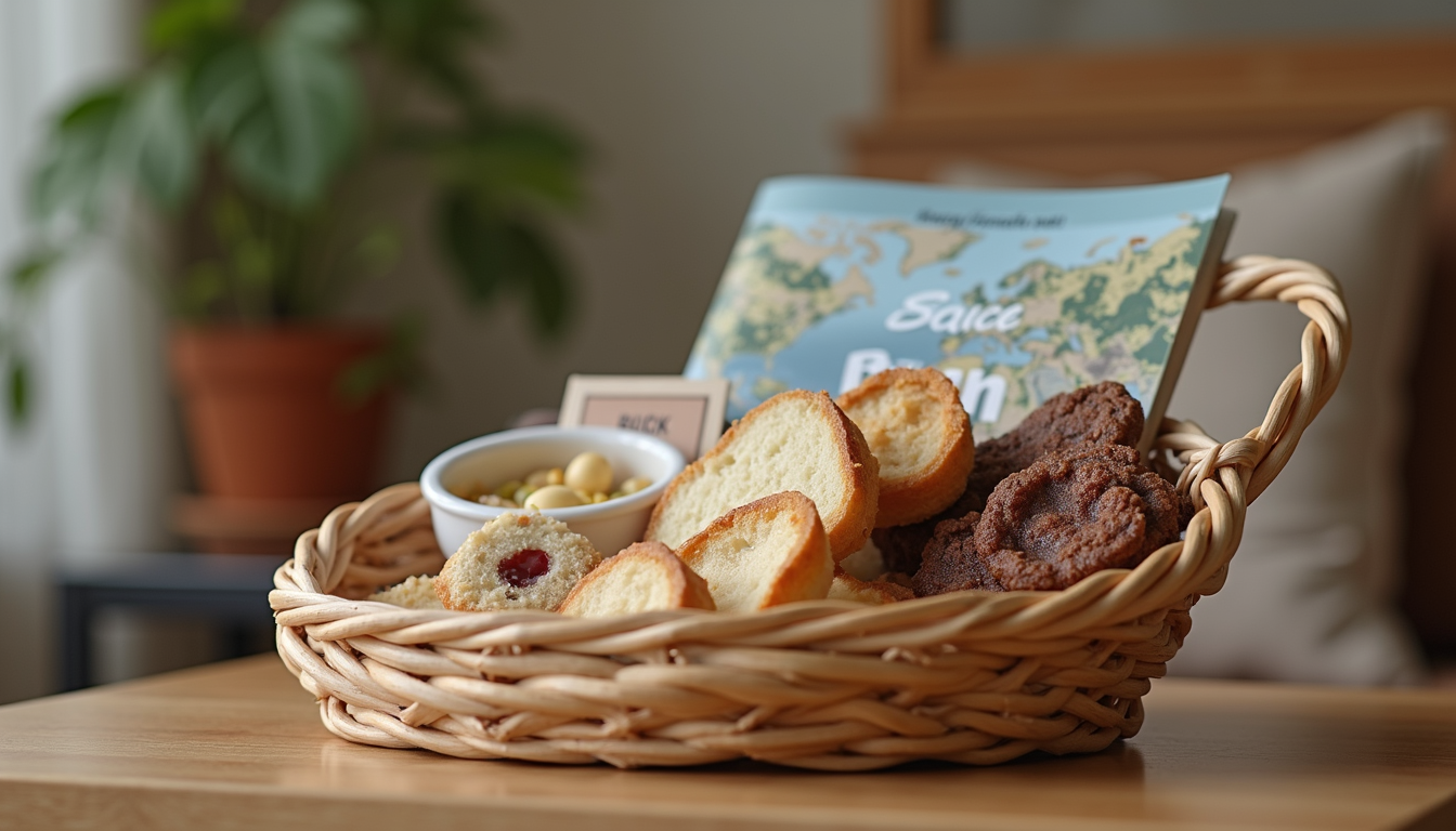 Close-up view of a welcome basket with local treats and a guidebook in a Cambridge holiday let