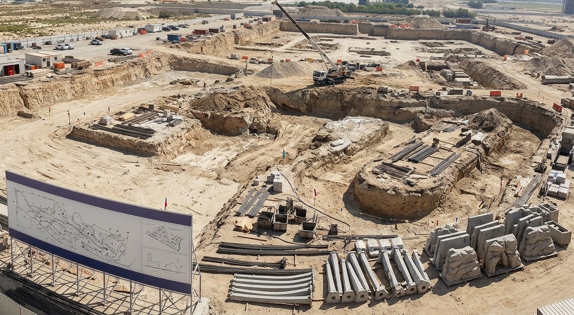 Aerial view of a large construction site with excavated foundations, construction equipment, and building materials